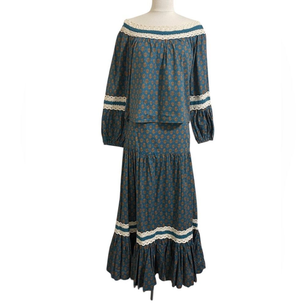 New LUNA MOON 2Pc Dress Boho Peasant Teal Blue Floral Print Crochet Trim